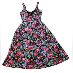 Vintage 80s 90s Black Goth Whimsygoth Witchy Floral Lace Sleeveless Midi Dress